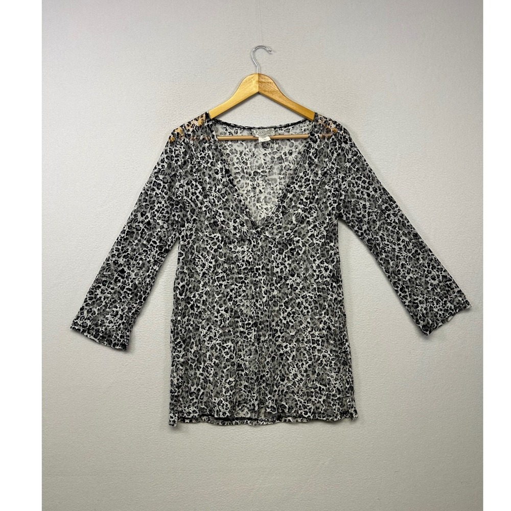 Animal Print Boho J. Valdi Women Small Grey Mesh Sheer V-Neck Tunic Top
